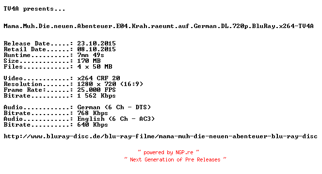 NFO for the release Mama.Muh.Die.neuen.Abenteuer.E04.Krah.raeumt.auf.German.DL.720p.BluRay.x264-TV4A by TV4A