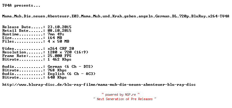 NFO for the release Mama.Muh.Die.neuen.Abenteuer.E03.Mama.Muh.und.Krah.gehen.angeln.German.DL.720p.BluRay.x264-TV4A by TV4A