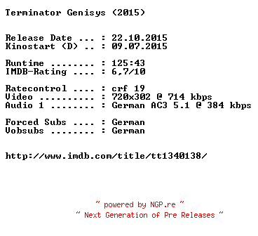 NFO for the release Terminator.Genisys.German.2015.AC3.BDRiP.x264-EXQUiSiTE by EXQUiSiTE