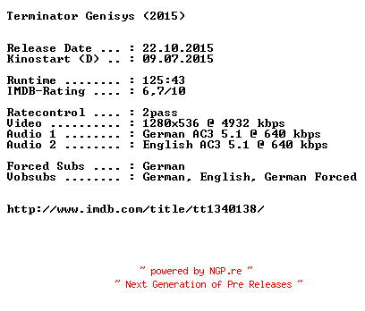 NFO for the release Terminator.Genisys.2015.German.DL.720p.BluRay.x264-EXQUiSiTE by EXQUiSiTE