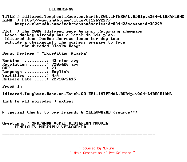 NFO for the release Iditarod.Toughest.Race.on.Earth.S01.EXTRAS.iNTERNAL.BDRip.x264-LiBRARiANS by LiBRARiANS
