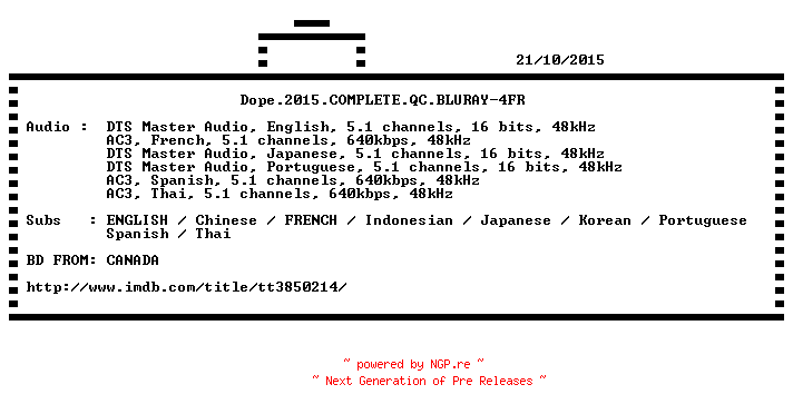 NFO for the release Dope.2015.COMPLETE.QC.BLURAY-4FR by 4FR