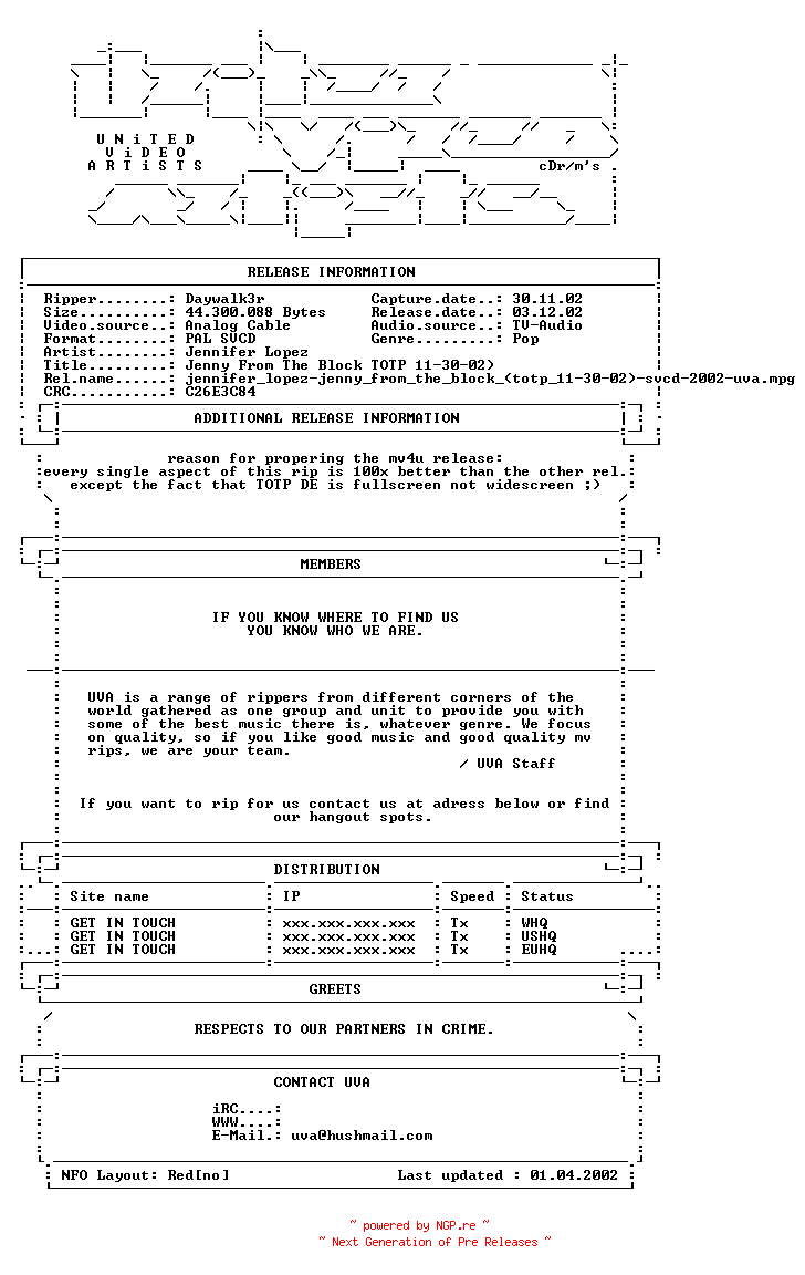 NFO for the release jennifer_lopez-jenny_from_the_block_(totp_11-30-02)-proper-svcd-2002-uva by uva