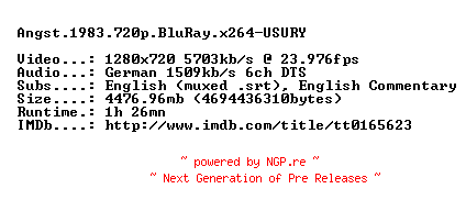 NFO for the release Angst.1983.720p.BluRay.x264-USURY by USURY