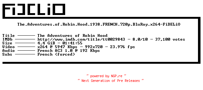NFO for the release The.Adventures.of.Robin.Hood.1938.FRENCH.720p.BluRay.x264-FiDELiO by FiDELiO