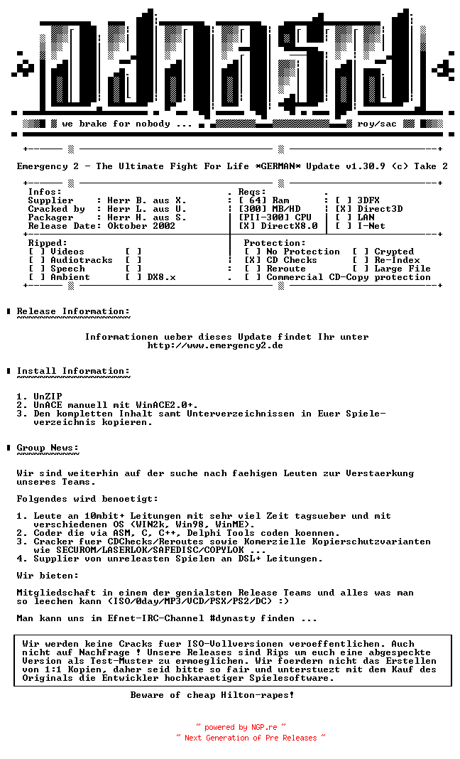 NFO for the release Emergency.2.Update.v1.30.9.GERMAN-DYNASTY by DYNASTY