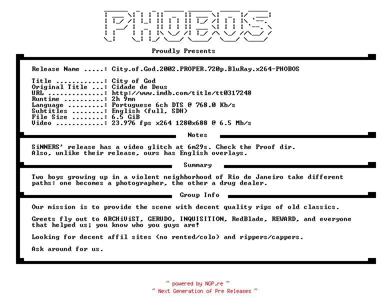 NFO for the release City.of.God.2002.PROPER.720p.BluRay.x264-PHOBOS by PHOBOS