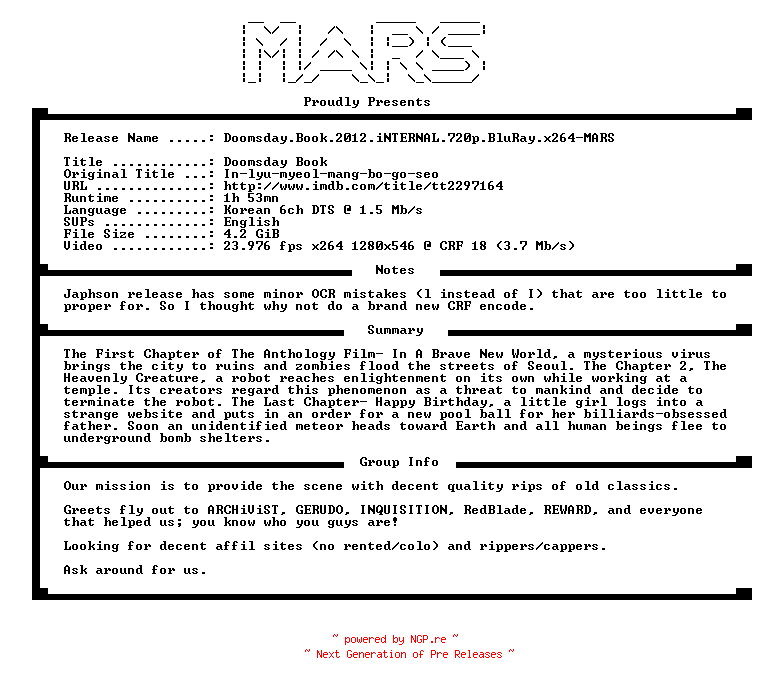 NFO for the release Doomsday.Book.2012.iNTERNAL.720p.BluRay.x264-MARS by MARS