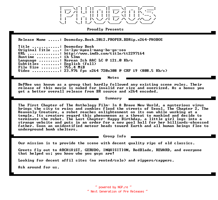 NFO for the release Doomsday.Book.2012.PROPER.BDRip.x264-PHOBOS by PHOBOS