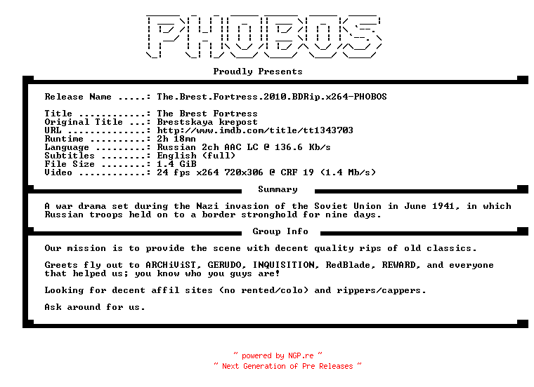 NFO for the release The.Brest.Fortress.2010.BDRip.x264-PHOBOS by PHOBOS