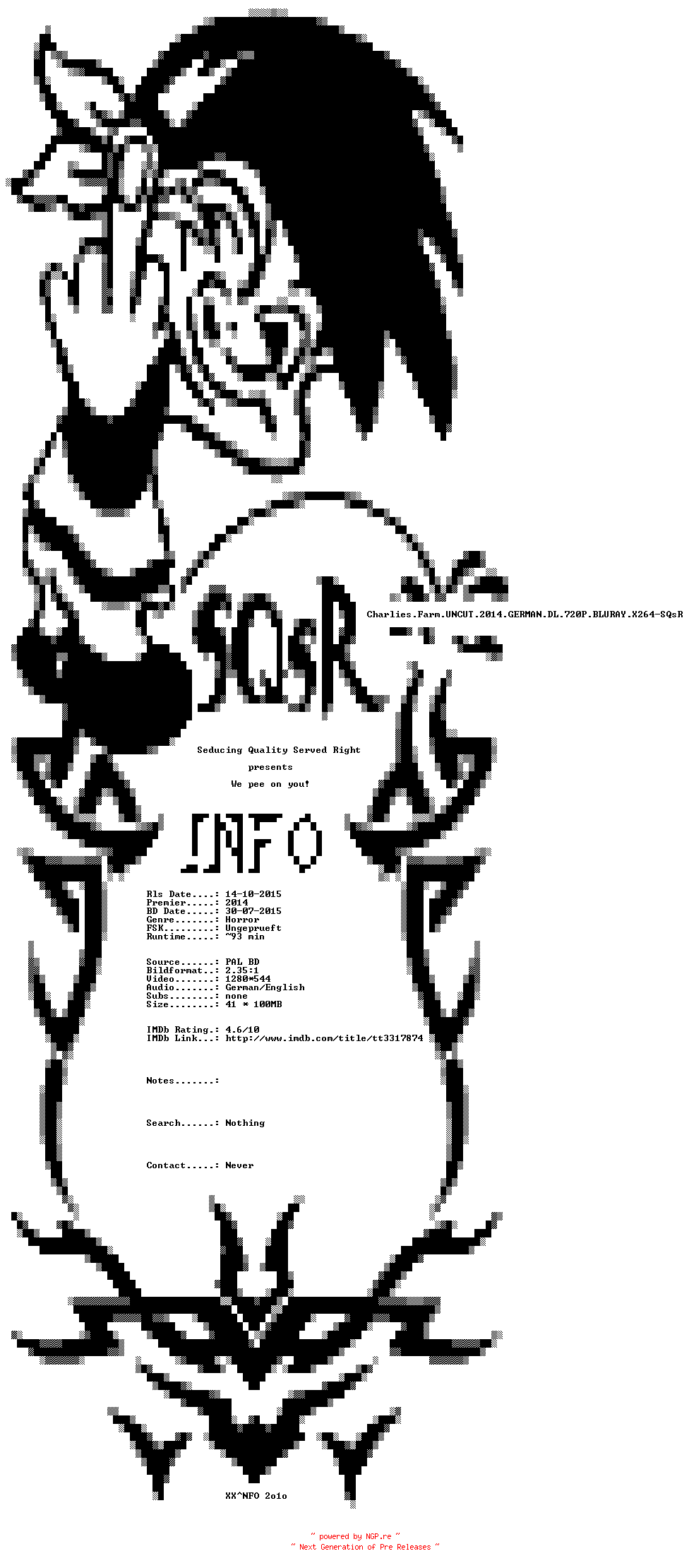 NFO for the release Charlies.Farm.UNCUT.2014.GERMAN.DL.720P.BLURAY.X264-SQsR by SQsR