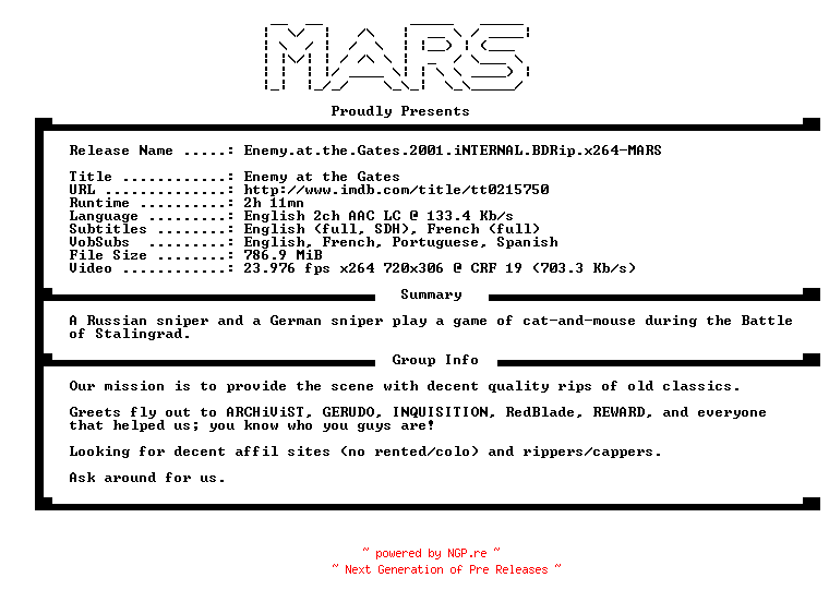 NFO for the release Enemy.at.the.Gates.2001.iNTERNAL.BDRip.x264-MARS by MARS