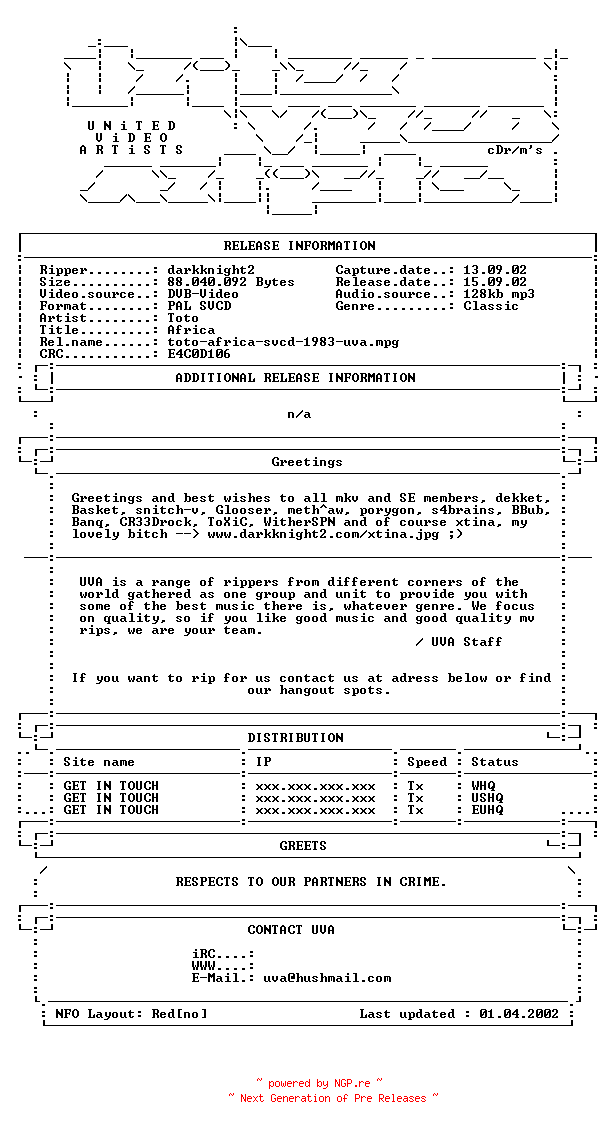 NFO for the release Toto-africa-svcd-1983-uva by uva
