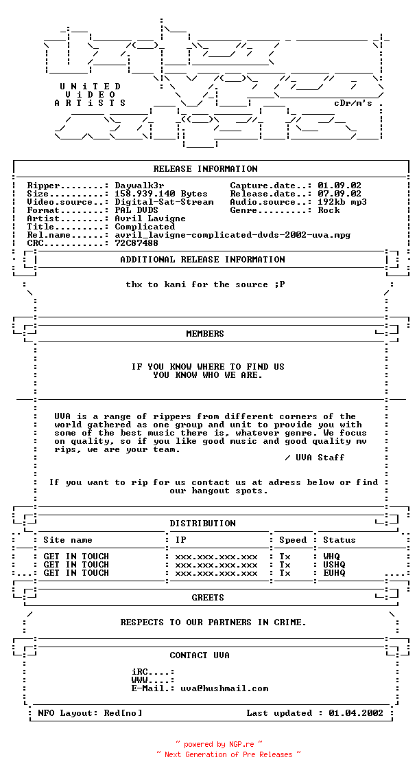 NFO for the release Avril_lavigne-complicated-dvds-2002-uva by uva