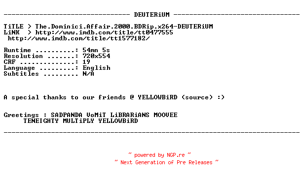NFO for the release The.Dominici.Affair.2000.BDRip.x264-DEUTERiUM by DEUTERiUM