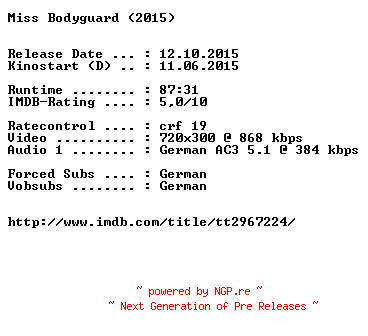 NFO for the release Miss.Bodyguard.German.2015.AC3.BDRiP.x264-EXQUiSiTE by EXQUiSiTE