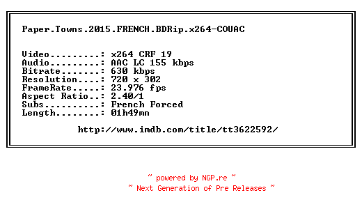 NFO for the release Paper.Towns.2015.FRENCH.BDRip.x264-COUAC by COUAC