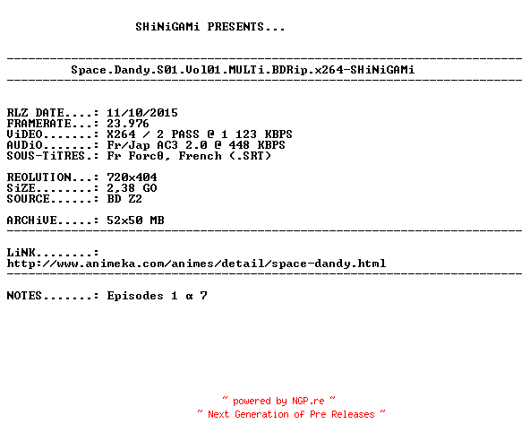 NFO for the release Space.Dandy.S01.Vol01.MULTi.BDRip.x264-SHiNiGAMi by SHiNiGAMi