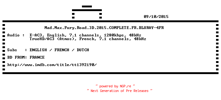 NFO for the release Mad.Max.Fury.Road.3D.2015.COMPLETE.FR.BLURAY-4FR by 4FR