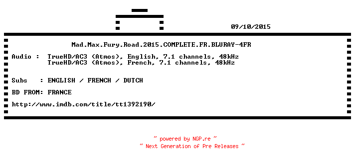 NFO for the release Mad.Max.Fury.Road.2015.COMPLETE.FR.BLURAY-4FR by 4FR
