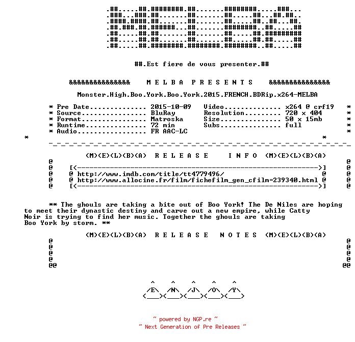 NFO for the release Monster.High.Boo.York.Boo.York.2015.FRENCH.BDRip.x264-MELBA by MELBA