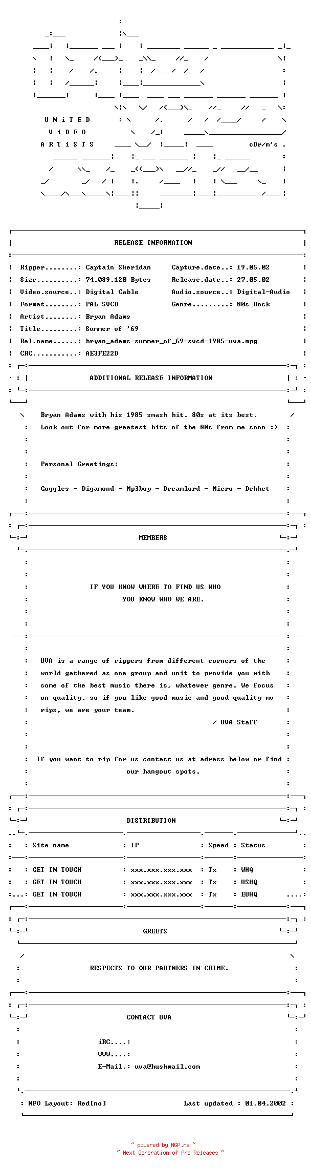 NFO for the release Bryan_adams-summer_of_69-svcd-1985-uva by uva