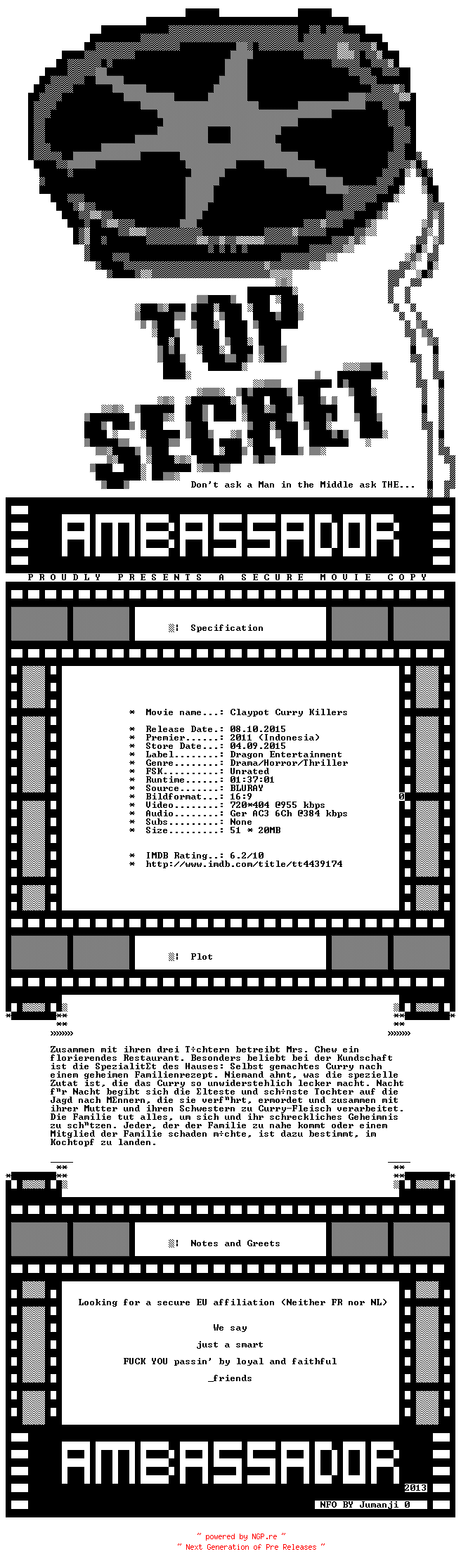 NFO for the release Claypot.Curry.Killers.UNCUT.2011.GERMAN.BDRIP.X264-AMBASSADOR by AMBASSADOR