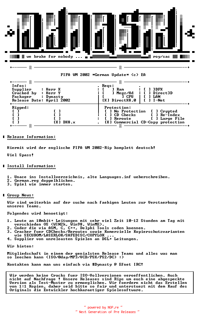 NFO for the release FIFA.WM.2002.GERMAN.Update-DYNASTY by DYNASTY
