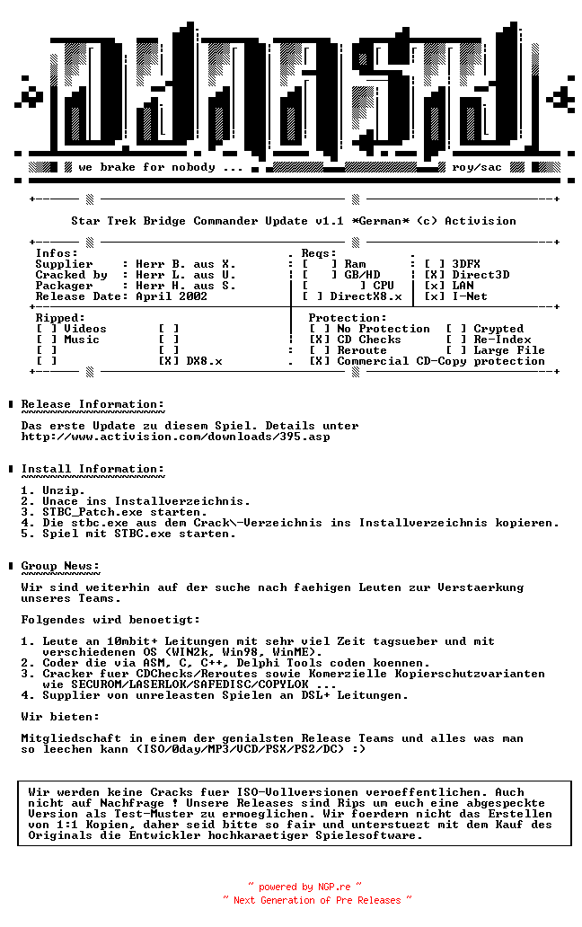 NFO for the release Star.Trek.Bridge.Commander.Update.v1.1.GERMAN-DYNASTY by DYNASTY