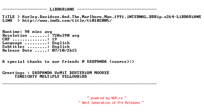 NFO for the release Harley.Davidson.And.The.Marlboro.Man.1991.iNTERNAL.BDRip.x264-LiBRARiANS by LiBRARiANS