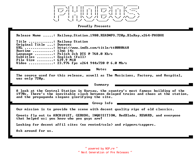 NFO for the release Railway.Station.1980.READNFO.720p.BluRay.x264-PHOBOS by PHOBOS