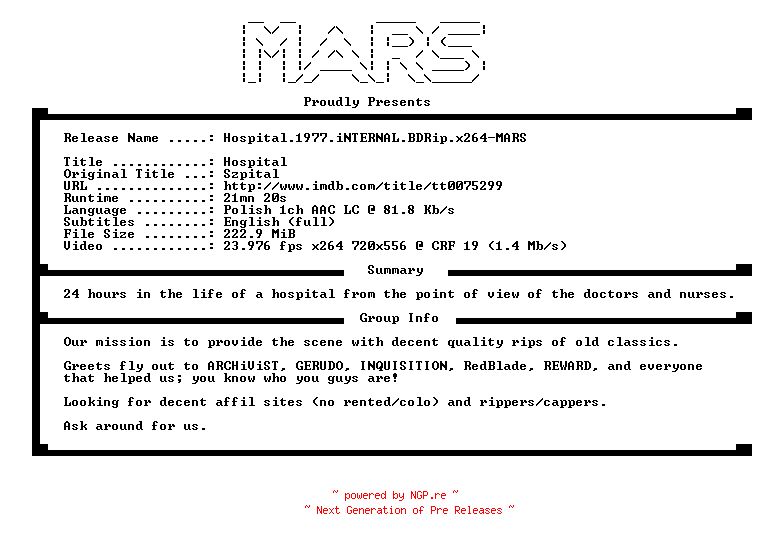 NFO for the release Hospital.1977.iNTERNAL.BDRip.x264-MARS by MARS