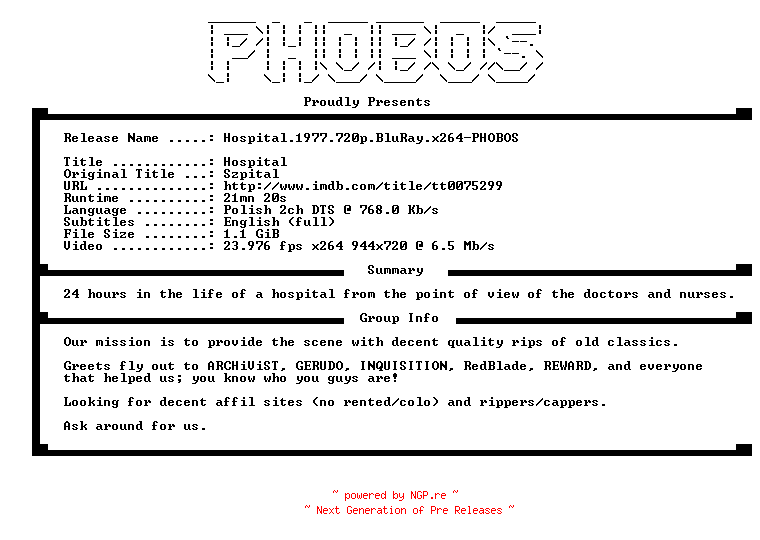 NFO for the release Hospital.1977.720p.BluRay.x264-PHOBOS by PHOBOS