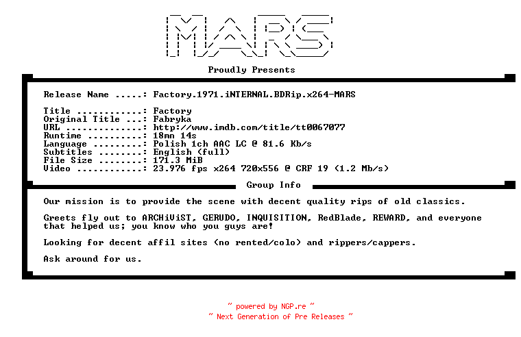 NFO for the release Factory.1971.iNTERNAL.BDRip.x264-MARS by MARS