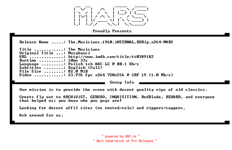 NFO for the release The.Musicians.1960.iNTERNAL.BDRip.x264-MARS by MARS