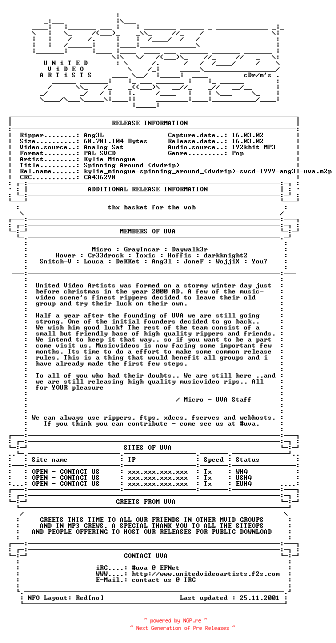 NFO for the release Kylie_minogue-spinning_around_(dvdrip)-svcd-1999-ang3l-uva by uva