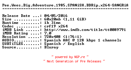 NFO for the release Pee.Wees.Big.Adventure.1985.SPANiSH.BDRip.x264-SANGRiA by SANGRiA