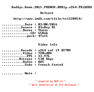NFO for the release Daddys.Home.2015.FRENCH.BDRip.x264-PRiDEHD by PRiDEHD