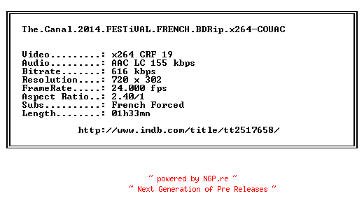 NFO for the release The.Canal.2014.FESTiVAL.FRENCH.BDRip.x264-COUAC by COUAC