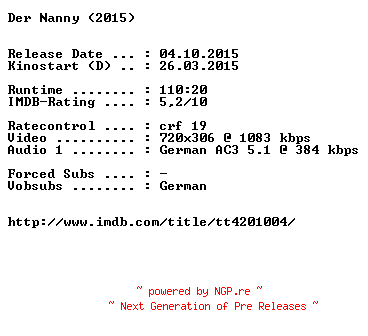 NFO for the release Der.Nanny.German.2015.AC3.BDRiP.x264-EXQUiSiTE by EXQUiSiTE