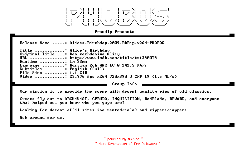 NFO for the release Alices.Birthday.2009.BDRip.x264-PHOBOS by PHOBOS