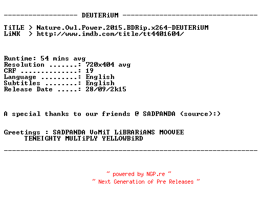 NFO for the release Nature.Owl.Power.2015.BDRip.x264-DEUTERiUM by DEUTERiUM