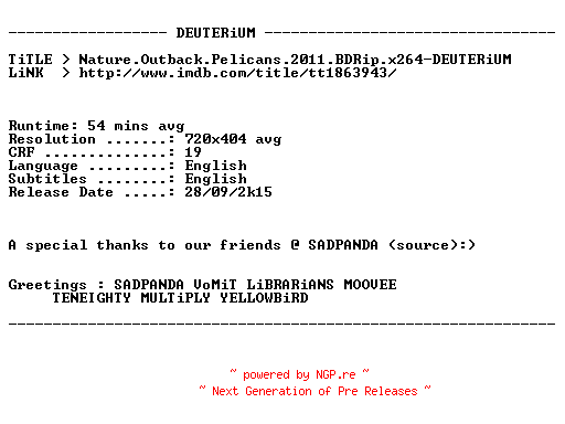 NFO for the release Nature.Outback.Pelicans.2011.BDRip.x264-DEUTERiUM by DEUTERiUM