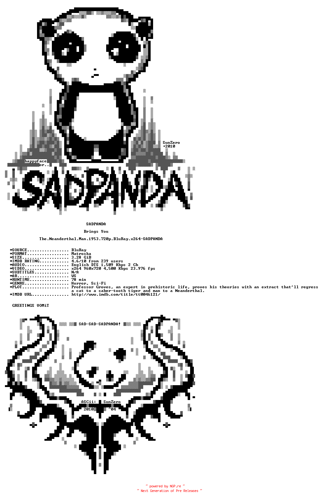 NFO for the release The.Neanderthal.Man.1953.720p.BluRay.x264-SADPANDA by SADPANDA