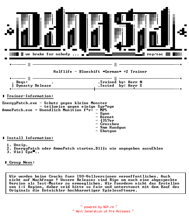 NFO for the release Halflife.Blue.Shift.GERMAN.Plus.2.Trainer-DYNASTY by DYNASTY