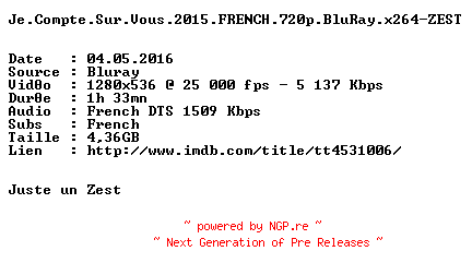 NFO for the release Je.Compte.Sur.Vous.2015.FRENCH.720p.BluRay.x264-ZEST by ZEST
