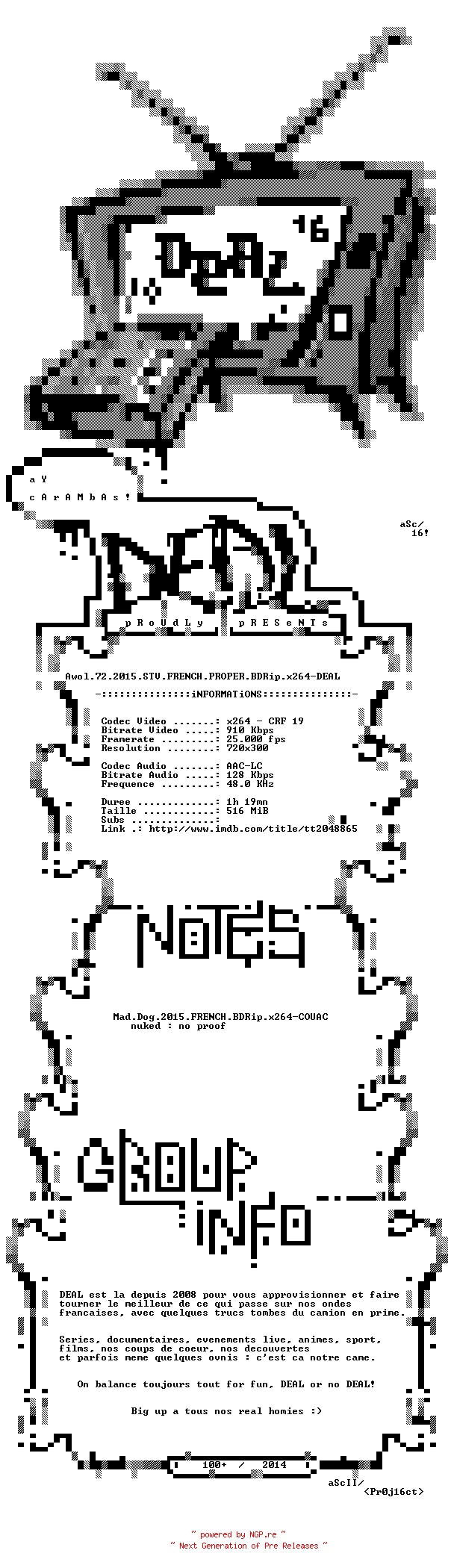 NFO for the release Awol.72.2015.STV.FRENCH.PROPER.BDRip.x264-DEAL by DEAL