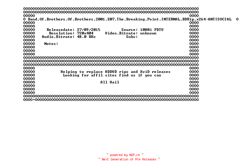 NFO for the release Band.Of.Brothers.2001.E07.The.Breaking.Point.INTERNAL.BDRip.x264-ANTISOCIAL by ANTISOCIAL