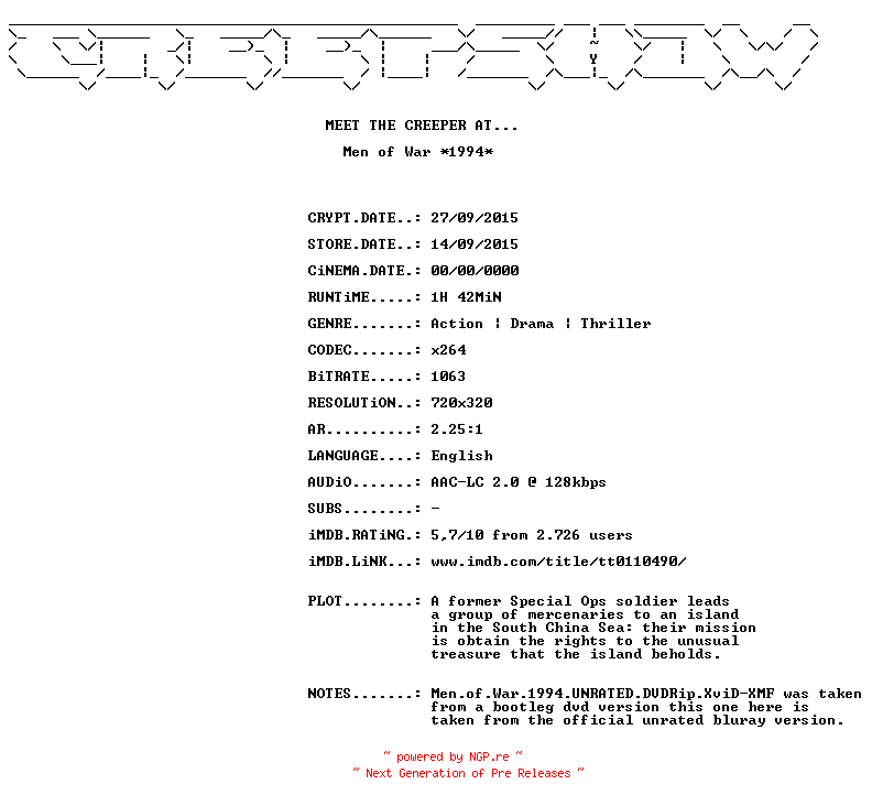 NFO for the release Men.Of.War.UNRATED.1994.BDRiP.x264.READ.NFO-CREEPSHOW by CREEPSHOW