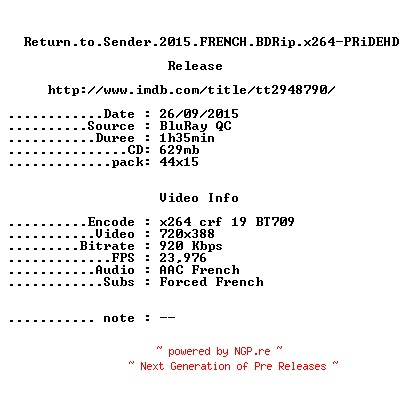 NFO for the release Return.to.Sender.2015.FRENCH.BDRip.x264-PRiDEHD by PRiDEHD